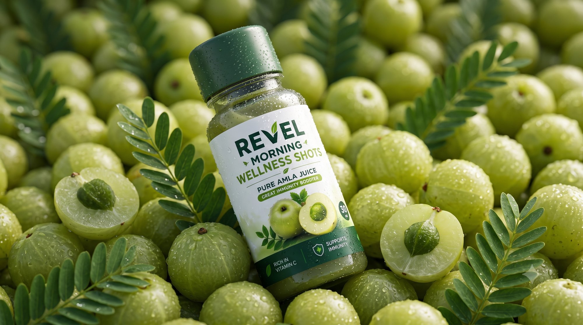 REVEL bottle resting on fresh Amla fruits