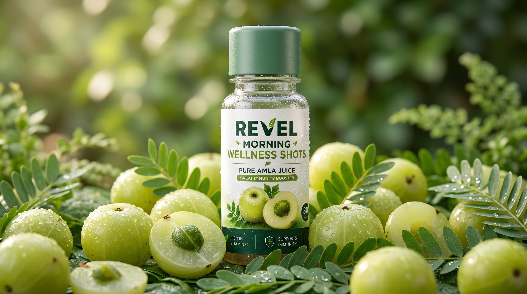 REVEL bottle standing among Amla leaves outdoors