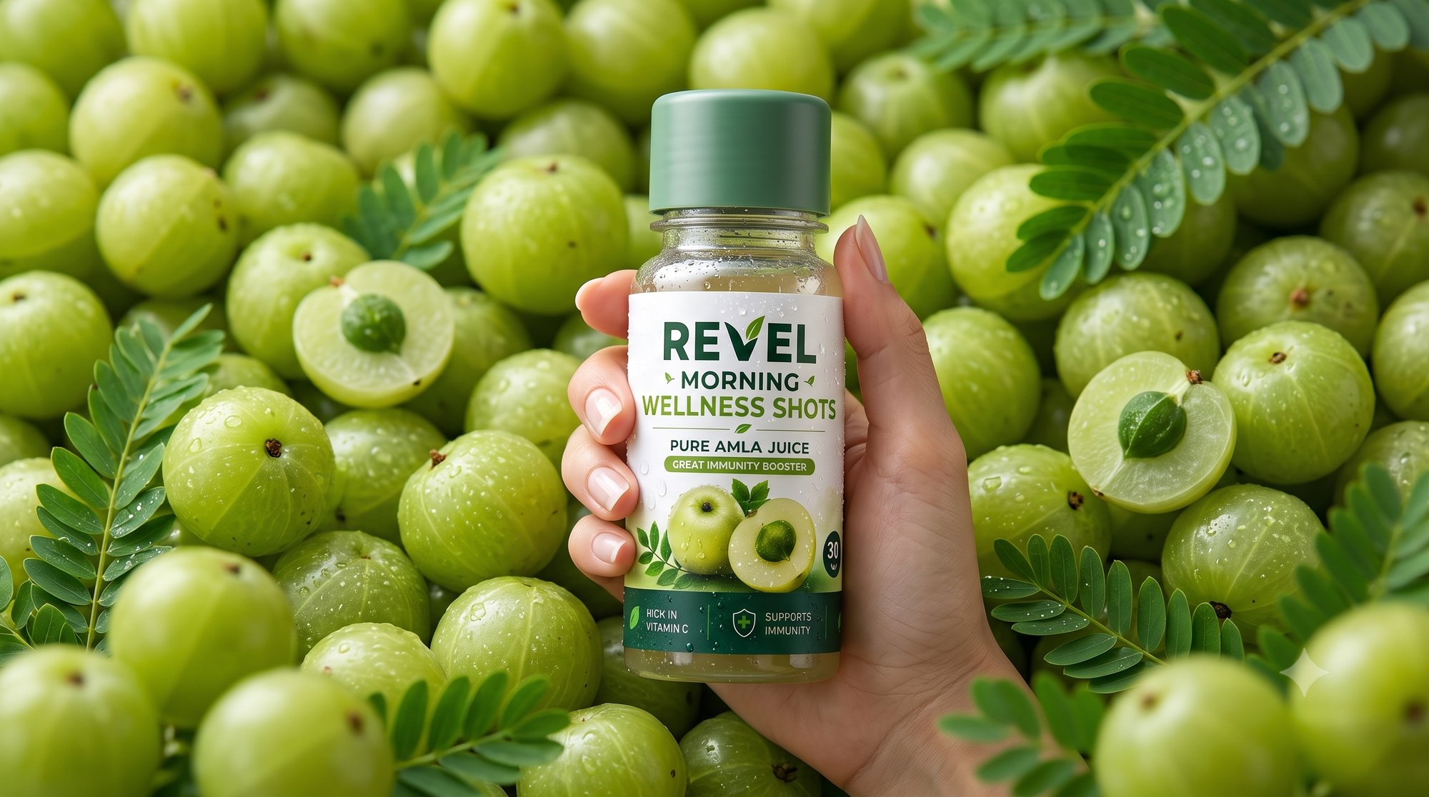 Closeup of hands holding a REVEL bottle with fresh Amla