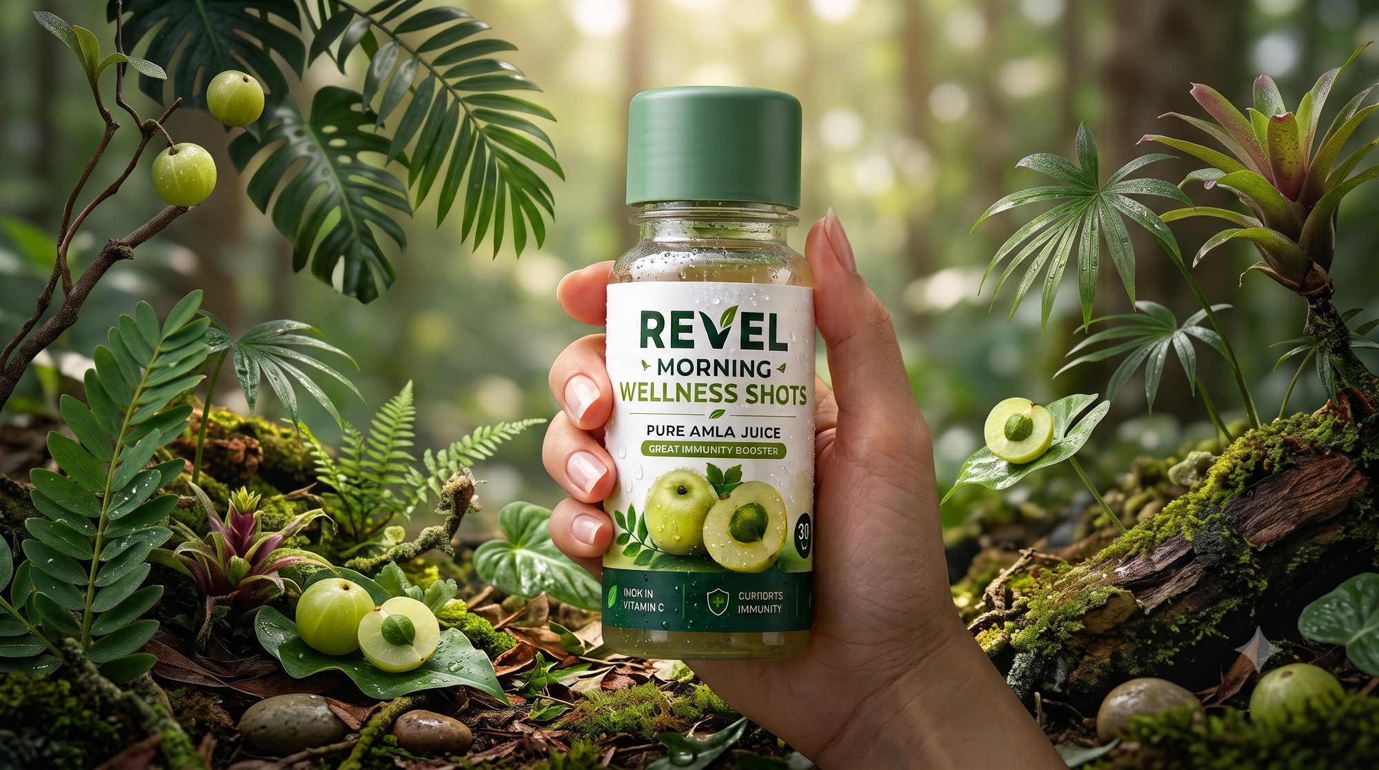 Hand holding a REVEL bottle in a natural forest setting